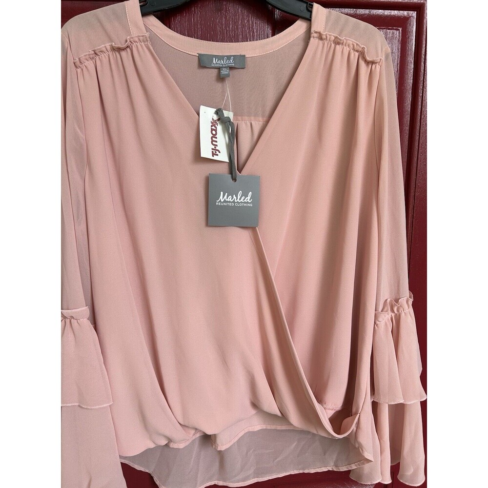 NWT Marled Blush Pink V-Neck Ruffled Sleeve Blouse - Picture 2 of 10